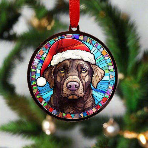 Labrador Chocolate in Santa Hat Suncatcher Decoration